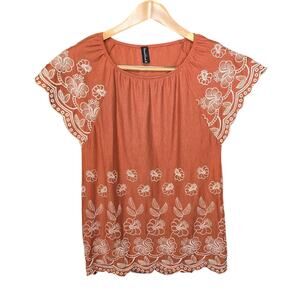 Sacred Threads Top Womens Size OS Burnt Red Short Sleeve Embroidered Bohemian